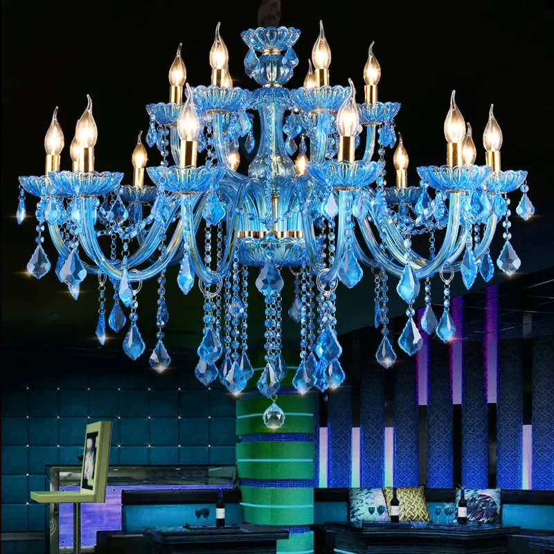 European Blue Crystal Chandelier Mediterranean Art Pendant Light for Coffee Shop Hotel Clubhouse Clothing Store Cafe Decor