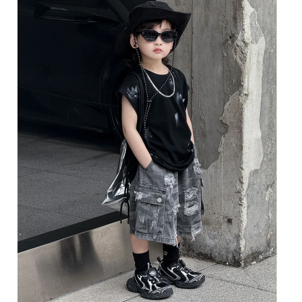 Children's Sleeveless Vest Tops Sets Summer 2024 New Boys' Tie-dye Tank Top Hole Denim Shorts Handsome Street Fashion Suits