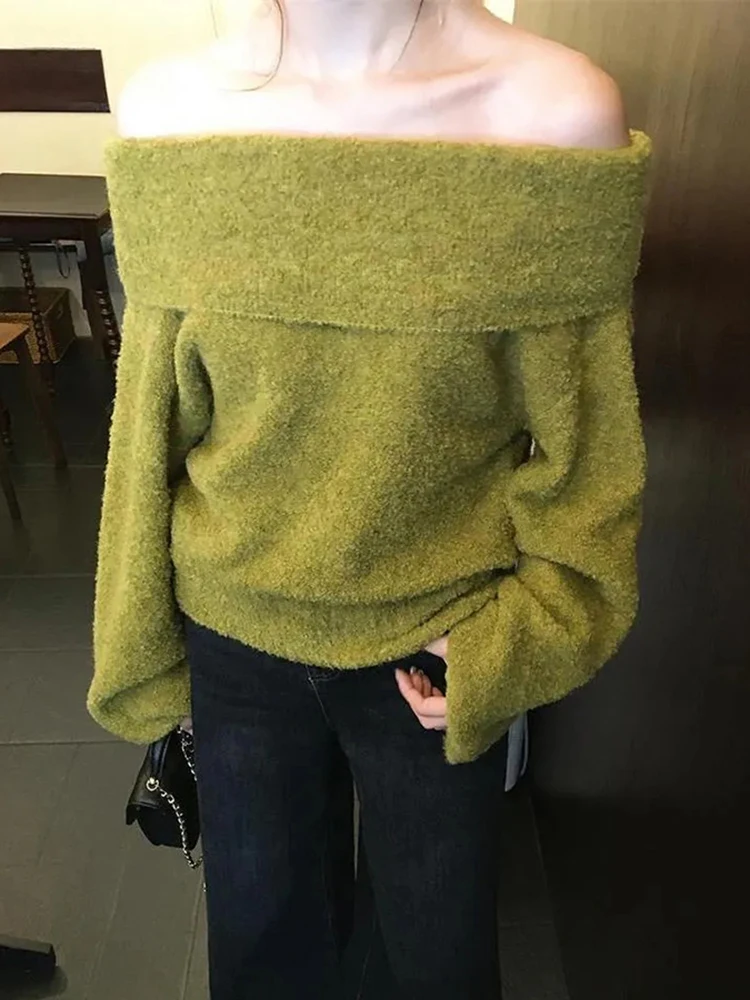 

Зеленый винтажный свитер с разрезным вырезом, женский свободный повседневный уличный свитер с ленивым ветром, пуловеры в стиле Харадзюку, офисные женские джемперы с открытыми плечами, новинка