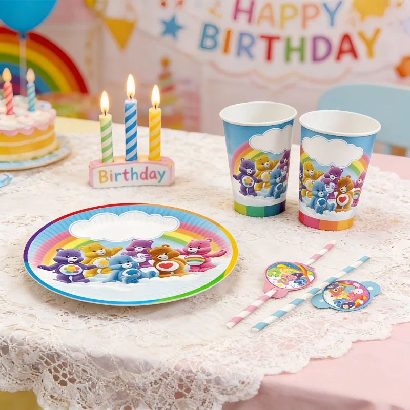 Care Bears Teller-Becher-Strohhalm-Kombinations-Geschirrset für Festliche Anlässe, Partys, Themenveranstaltungen, Dekorations-Set