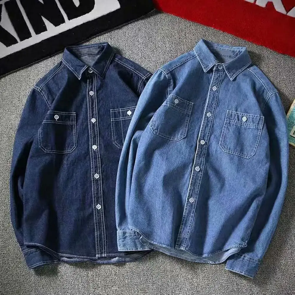 

Trendy Male Denim Coat Comfy Pure Color Turndown Collar Denim Shirt Loose Temperament Men Shirt Jacket Male Clothing