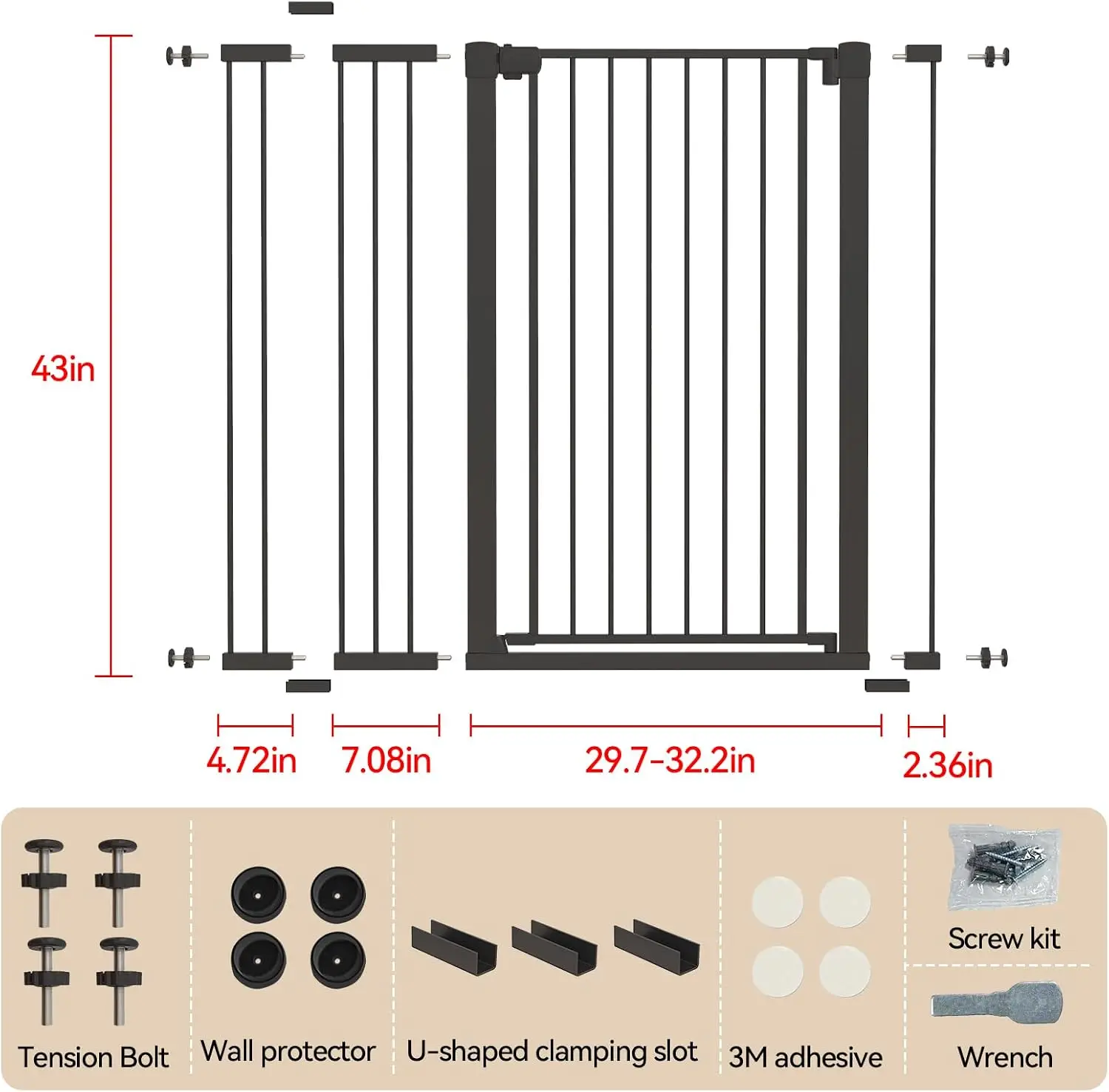 Safety Dog Gate 43 Inch Tall Adjustable 29.7 45.2 Inch Extra Wide Metal Pet Gate Drill Free Pressure Mount Install Self Closing