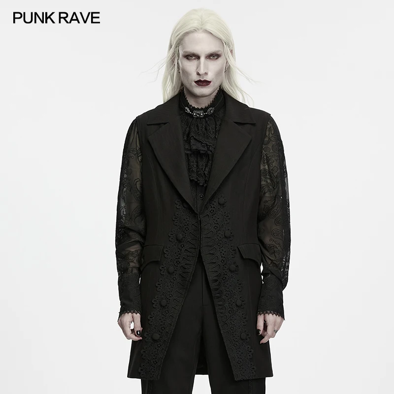PUNK RAVE Men's Gothic Jacquard Double-breasted Covered Buttons Long Waistcoat Large Lace Edges Vintage Aristocratic Coat