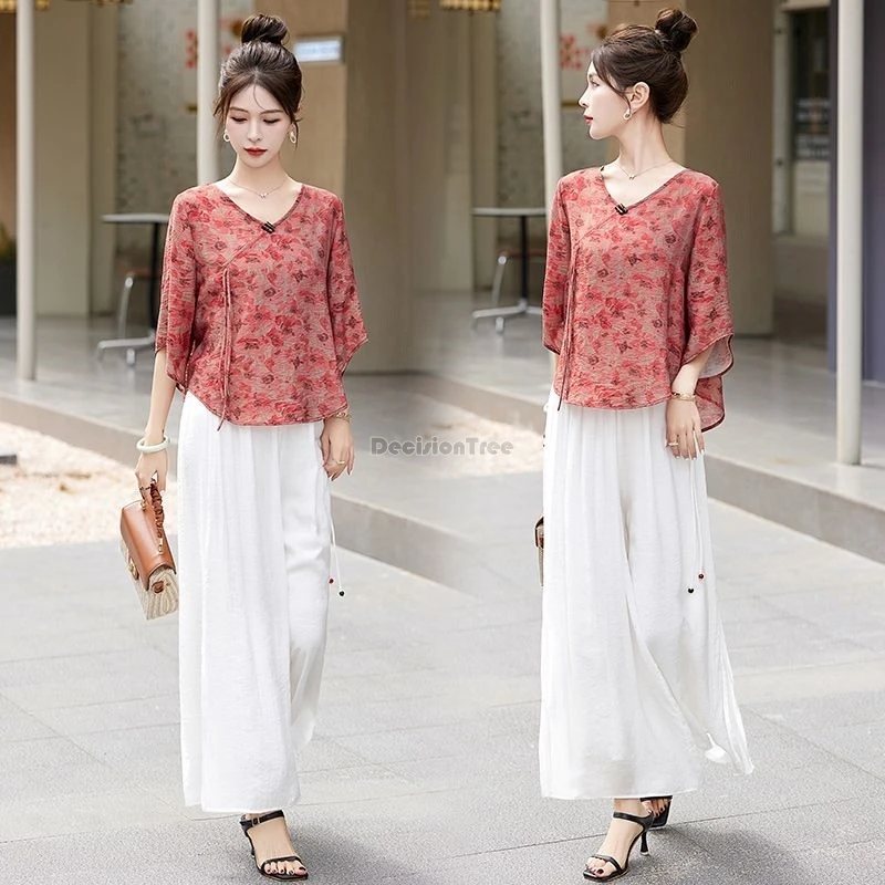 2024 new chinese style cotton and linen suit women summer new v-neck half sleeve blouse loose wide leg pants two-piece set w899