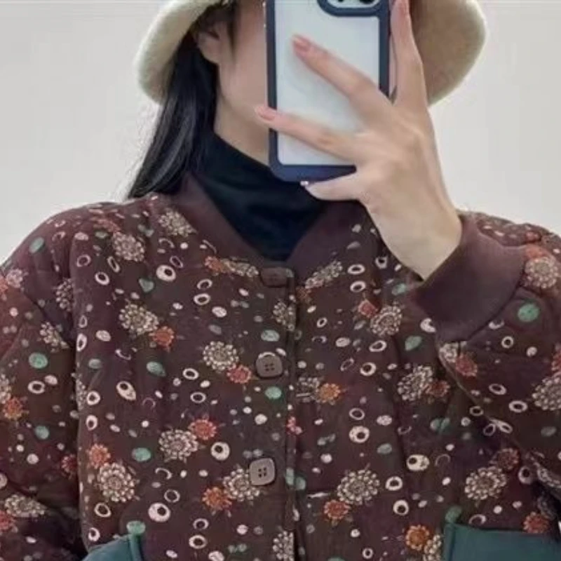 Women's Models Fall Winter Tops Coat Cotton Coat Baseball Clothes Printed Thickened Crushed Cotton Linen Soft Comfortable Niche