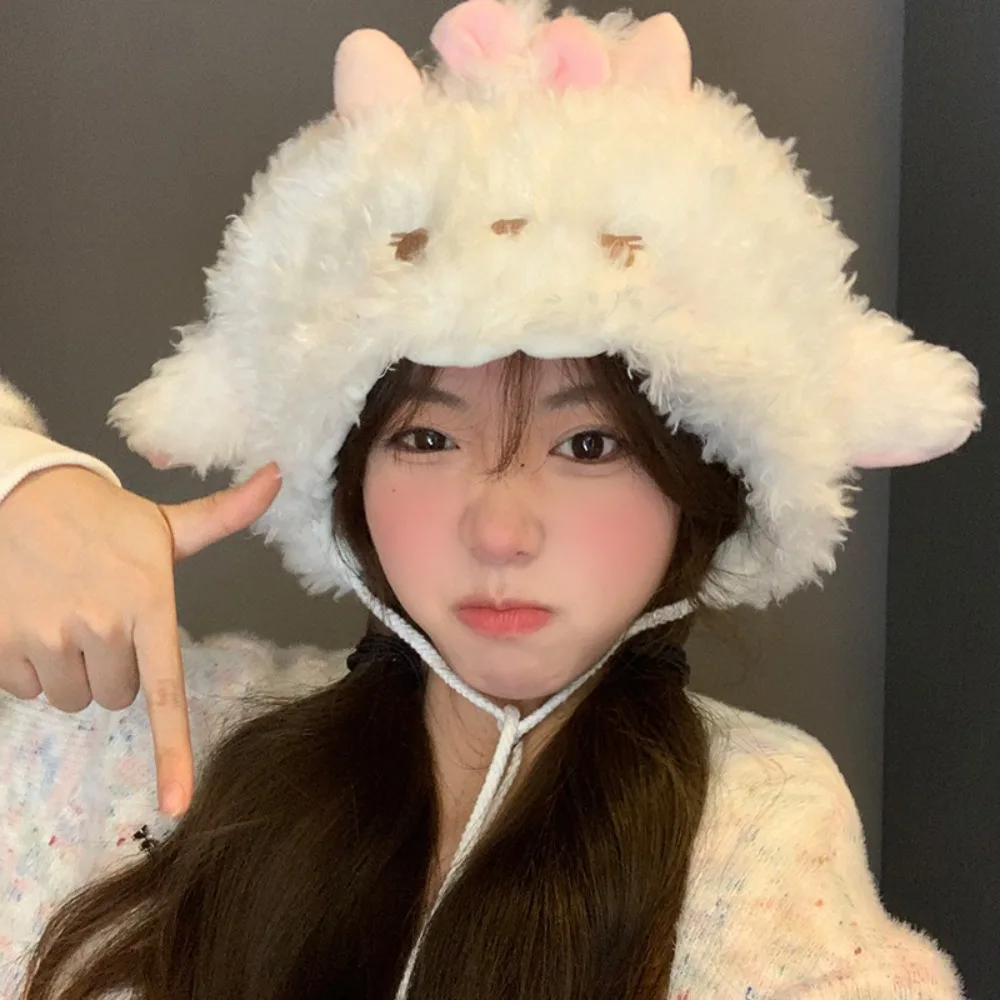 Korean Style Soft Sheep Ear Bucket Hat Fluff Cute Dome Hat Sweet Keep Warm Brimless Beanie Cap Girls