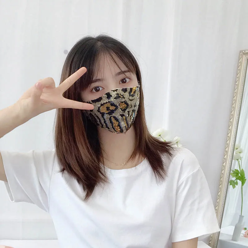 Fashion Style Street Sequined Leopard Print Face Mask Female Dustproof Hanging Ear Type Adult Leisure Adjustable Mask