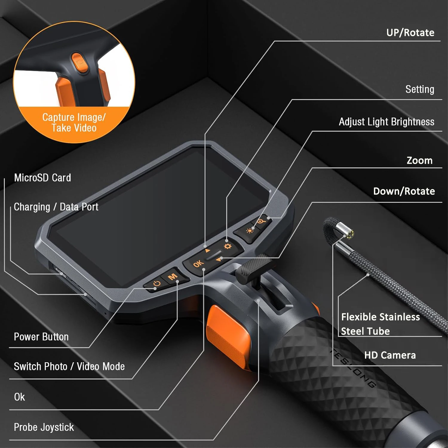 TESLONG TD450S 5.5MM Articulating Borescope 1080P 5 Inch IPS Two Way 360° Steering Endoscope Camera 1m Stainless Steel Tube