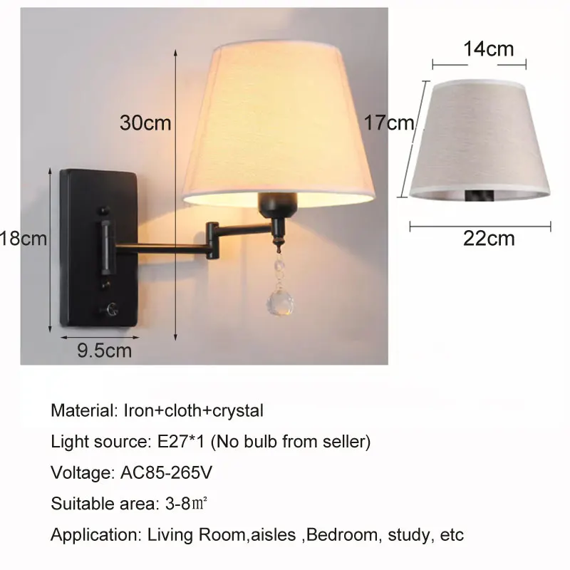 American Folding Bedside Wall Lamp Living Room Bedroom Study Lamp Nordic Wood Grain Rocker Arm Lamp With Switch Fabric Lamp