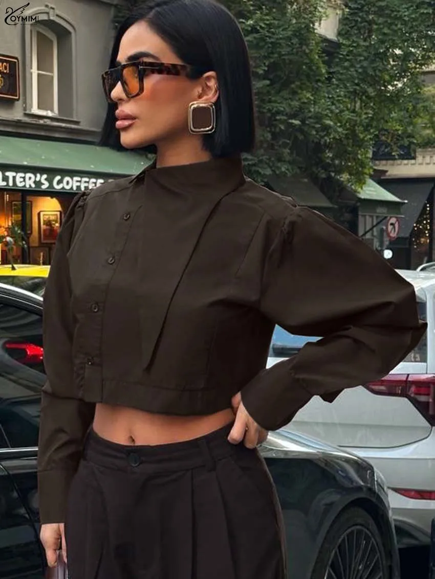 

Oymimi Elegant White Cotton Women's Blouse Fashion Long Sleeve Single Breasted Blouses Casual New Lapel Crop Blouses Streetwear