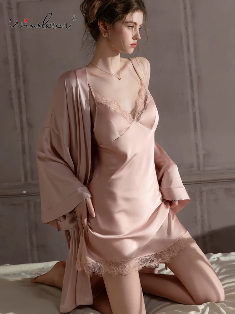 Winsleter-Women Sexy Suspender Strap Night-robe Set, 3/4 Sleeve Solid, With Padded Cups Lace Sling Pajamas, 2026 Summer S65083C