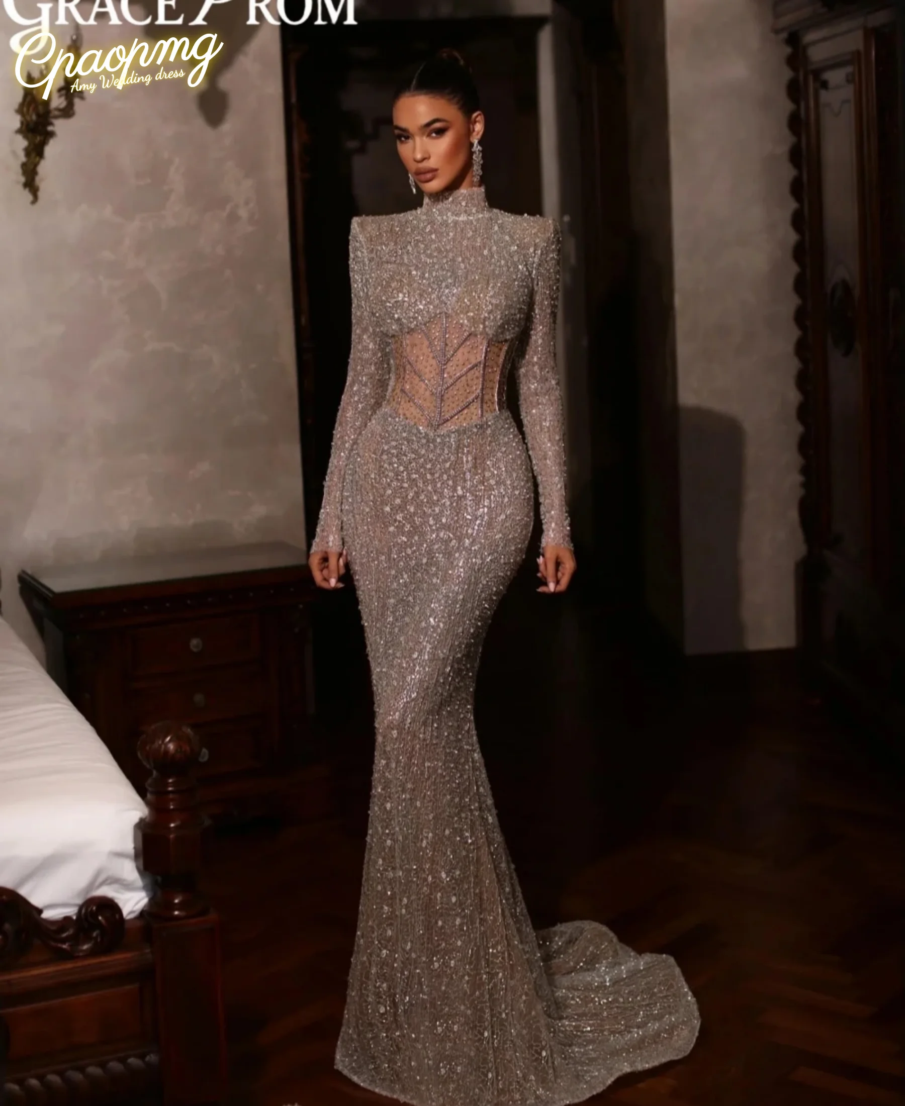 

Новое вечернее платье русалки из бисера по индивидуальному заказу с высоким воротником и длинными рукавами, свадебное платье, роскошные платья для выпускного вечера