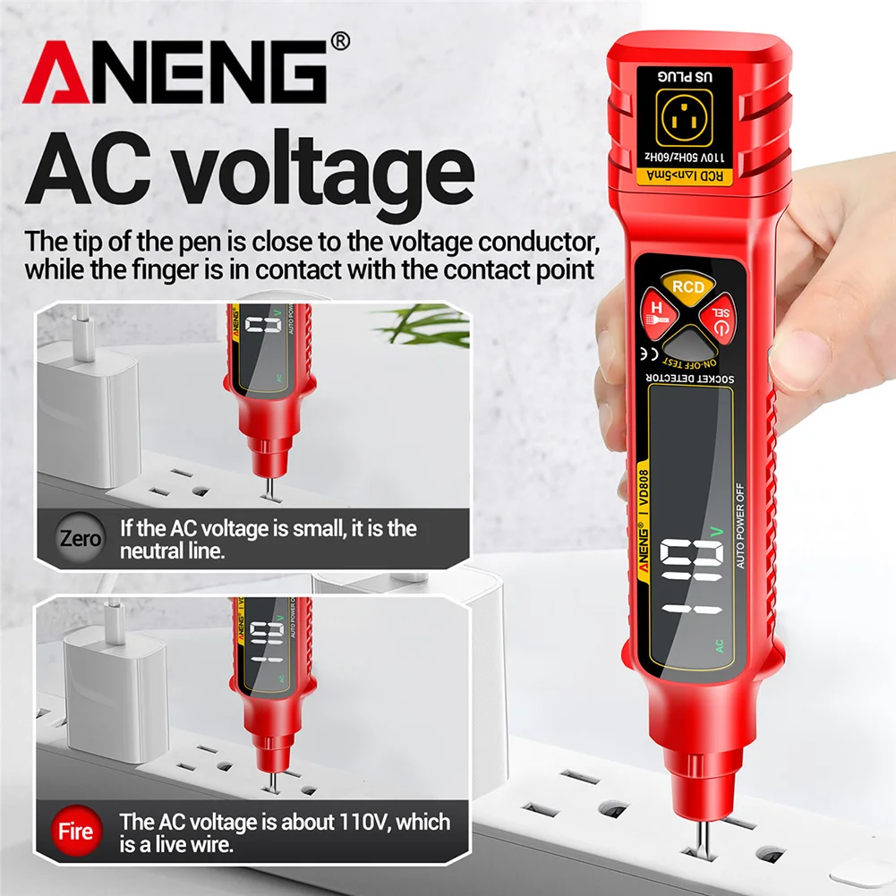 ANENG VD808 Rilevatori di interruttori automatici Analizzatore di circuito presa Tester di tensione CA Spina USA/UE Perdite Polarità Strumenti di prova di perdite