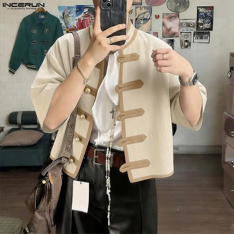 Camisa INCERUN para hombre, estilo patchwork con bloques de color, cuello alto, estilo vintage, ropa para hombre, tops de verano de media manga, camisas casuales 2026 para hombre