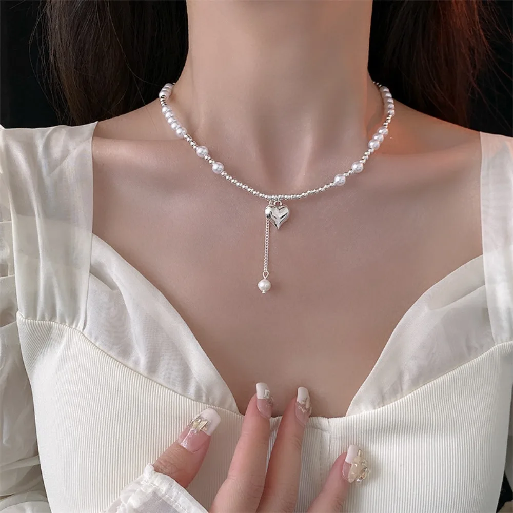 Exquisite Fashion Silver Color Imitation Pearl Beaded Heart Pendant Necklace for WomenValentine's Day Confession Jewelry Gifts