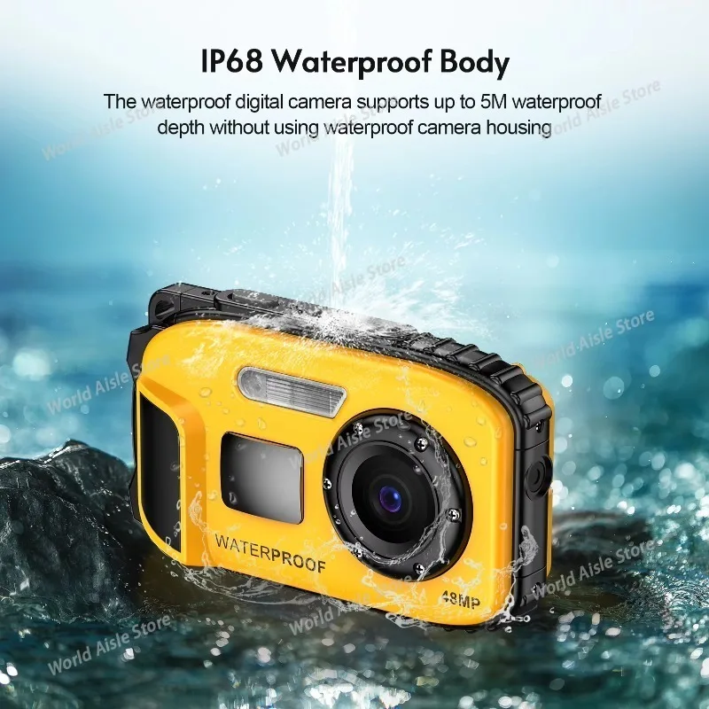 1080P Waterproof Digital Camera 48MP Digital Video Camera 2.4 Inch IPS Screen IP68 5M Body Waterproof Depth AF 4X Digital Zoom