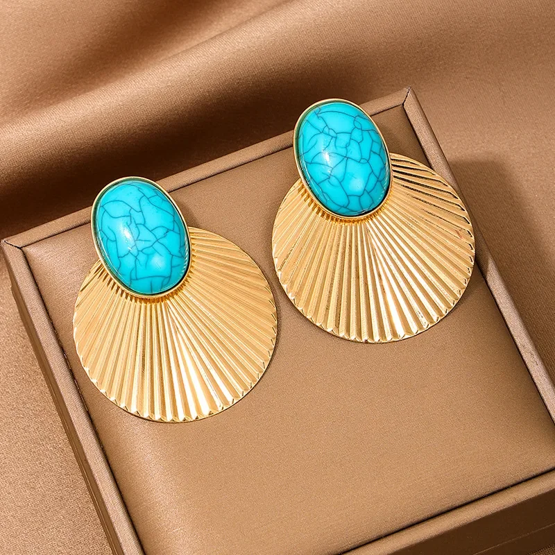 Geometric Stud Earrings For Women Turquoise Metal Disc Large Size Party Gift Holiday Fashion Jewelry Ear Accessories DE096