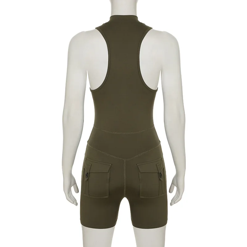 女性ソリッドスリムカーゴロンパースハーフハイカラーノースリーブジッパーポケットスキニーフィットネスショーツロンパースカジュアルストリートオーバーオール