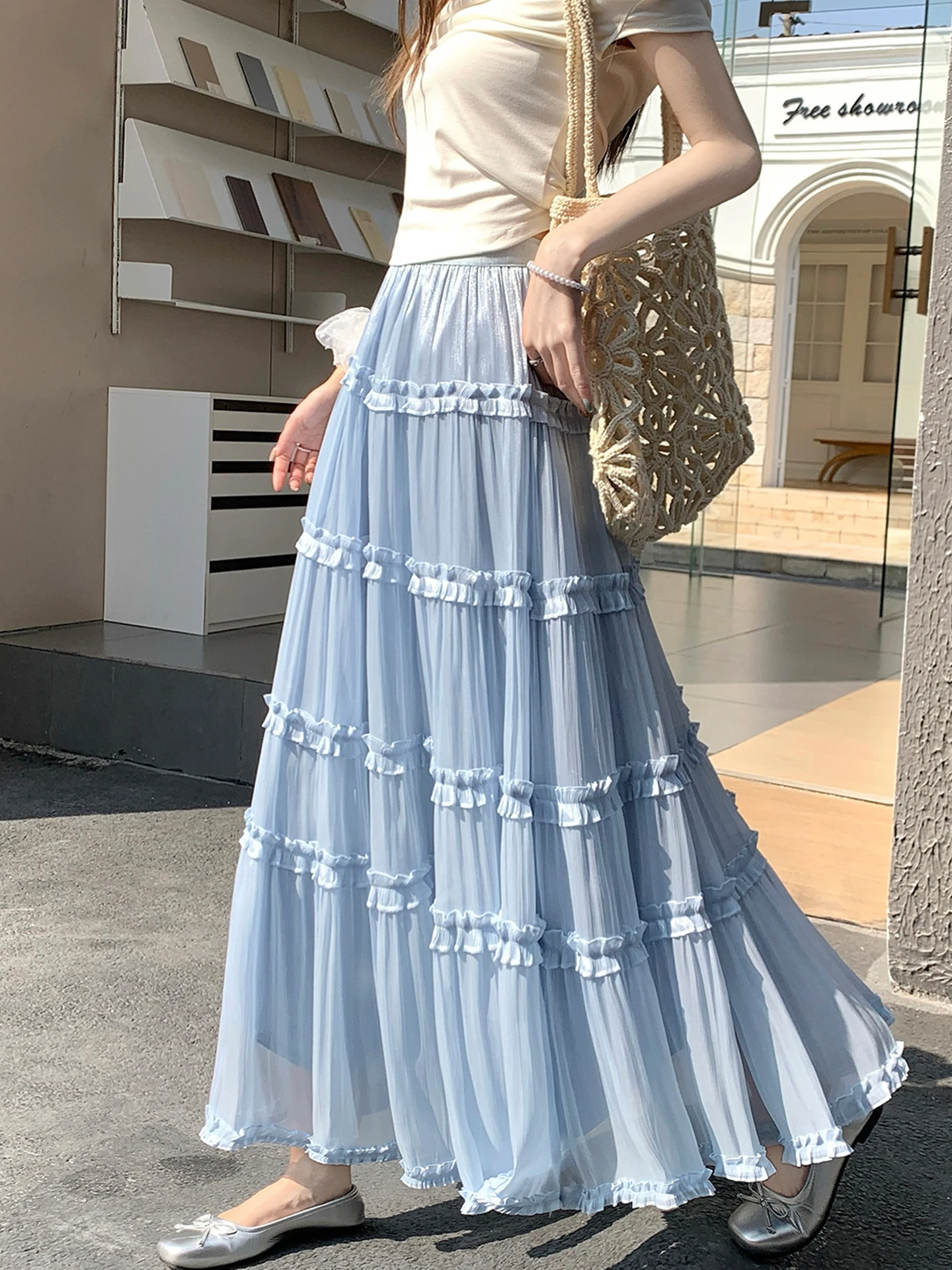 

Emily Clud Recommended Wood Ear Cake Skirt Women's Spring Summer Flowing Silk A-Line Maxi Skirt Ele Casual High Waist