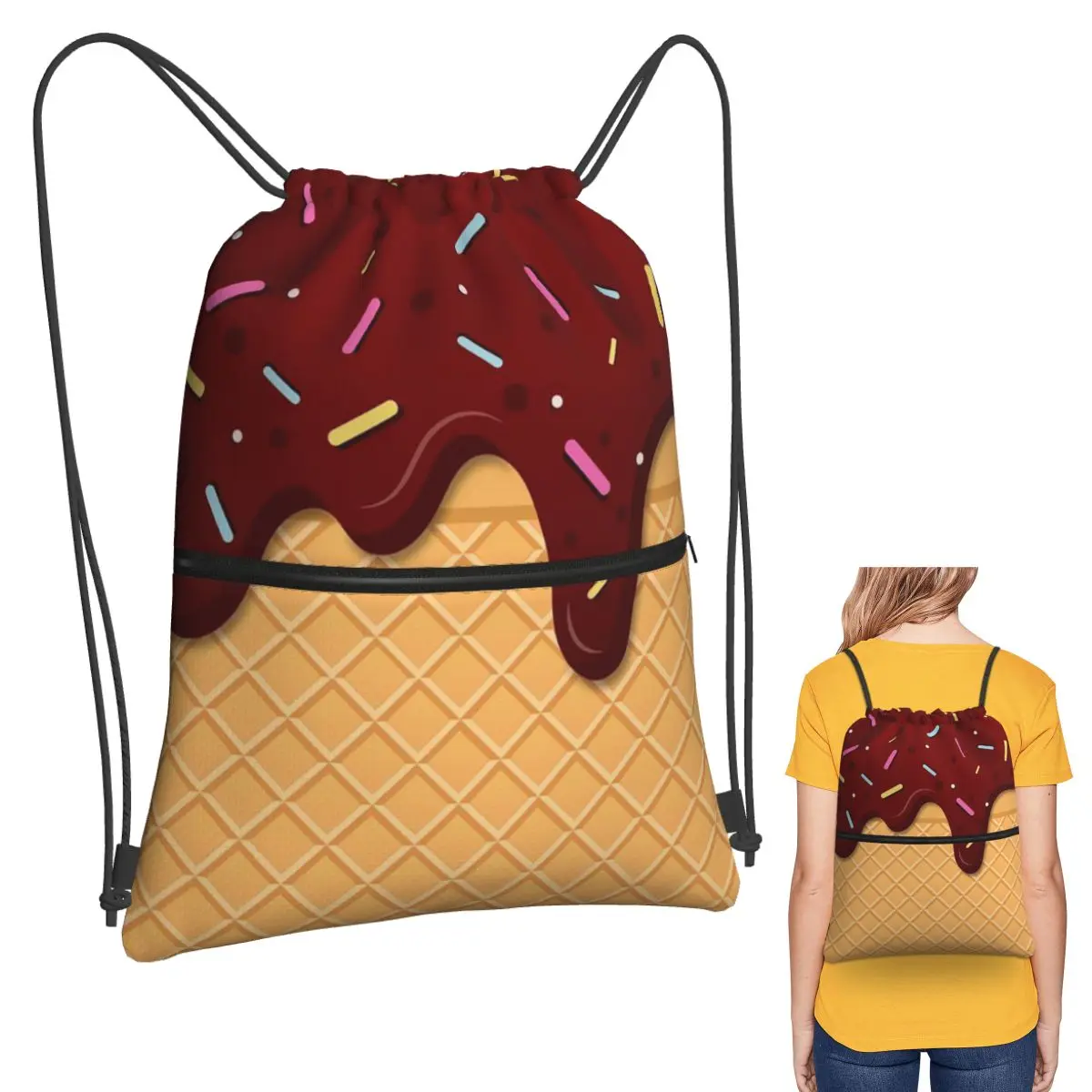 Ice Cream Waffle With Chocolate Backpacks Fashion Drawstring Bags Storage Bag Book Bags for Travel School