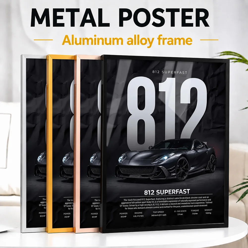 Black Italian 812 Superfast Supercar Framed Aluminum Metal Poster Customized Studio Graphic Wall Art For Automotive Showroom
