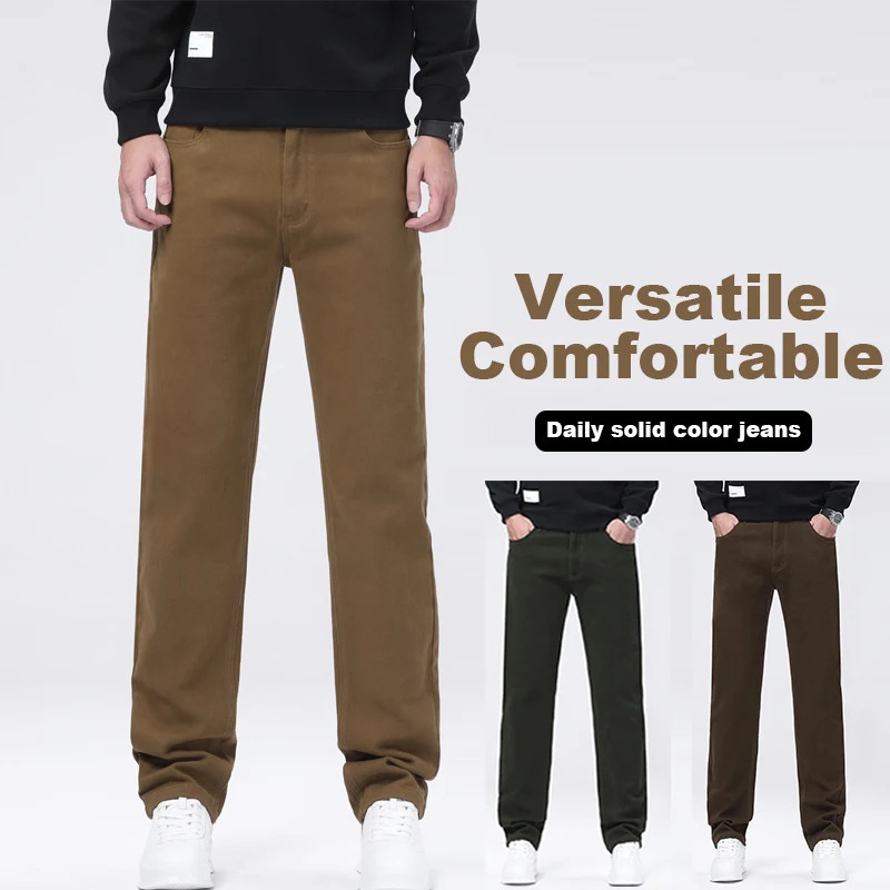 Autumn Men Straight Fit Jeans Elastic Soft Comfortable Denim Pants Classic Solid Color Casual Long Trousers Male Daily Wear