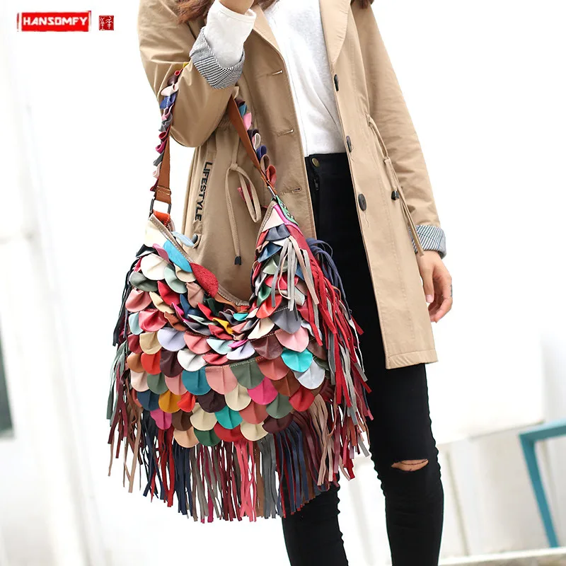 2024 New Wave Leather Stitching Women Handbag Slung Dual-use Big Bag Female Shoulder Bag Ladies Bags Sheepskin Leather Fashion