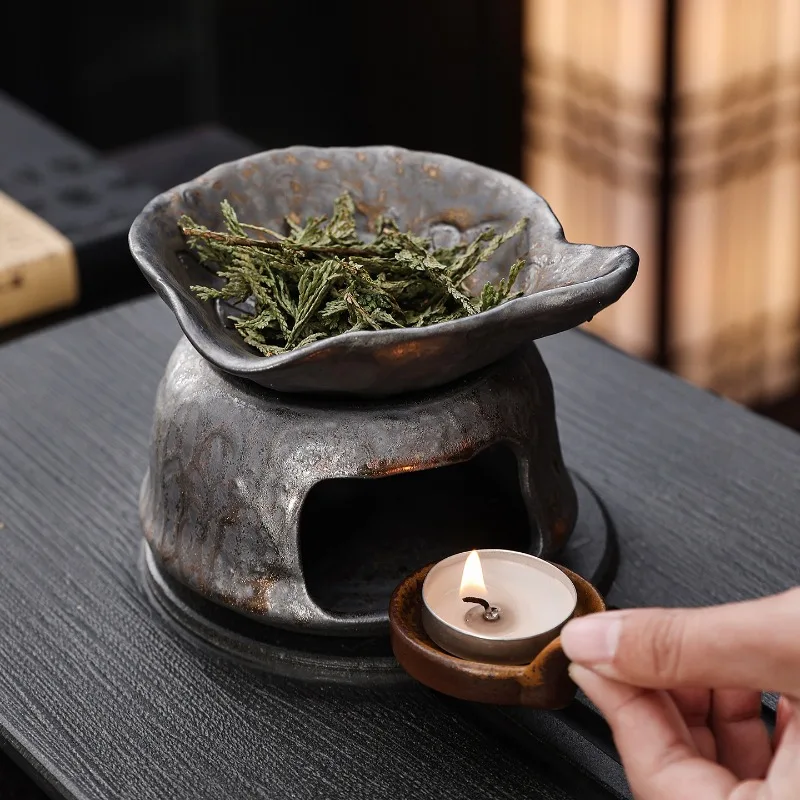 1pc Vintage Rough Pottery Tea & Aroma Warmer Old Rock Clay Candle Heater for Tea Leaves Herbs & Natural Scents (Without Candles)