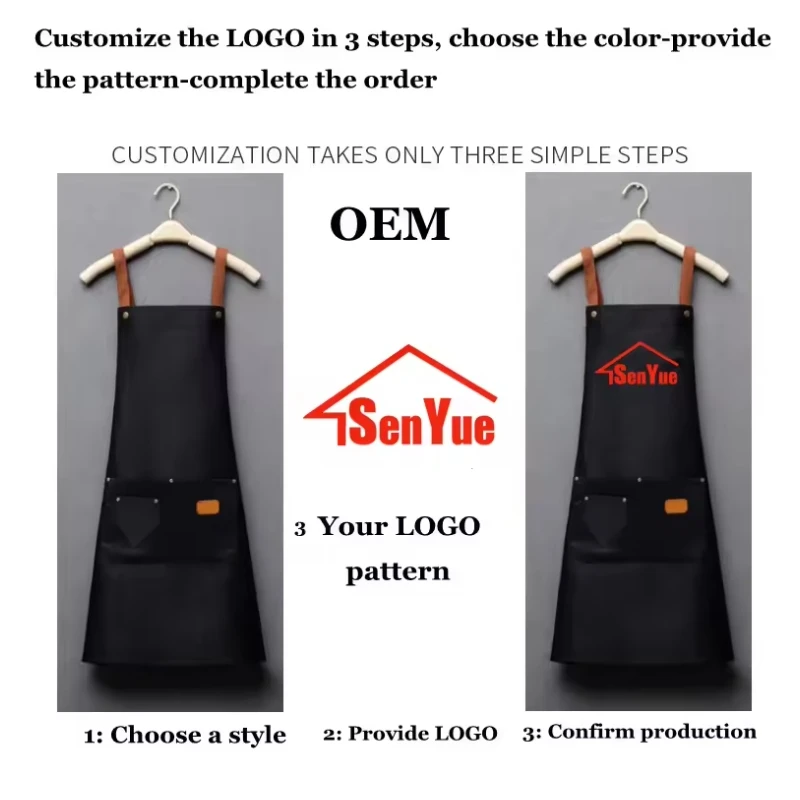 

Customized Embroidery Print Logo Signature Waterproof Kitchen Aprons Home Adult Bib Waist Bag Chef Baking Clothes With Pockets