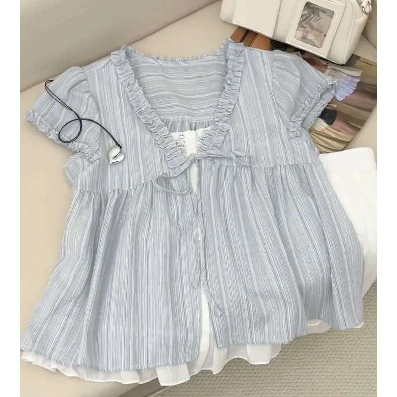 

Blue Striped Loose ort Sve irt Women's Doll Sle Top Fre Vintage Two-Piece Look V-Ne Polyester Blend Summer Faion