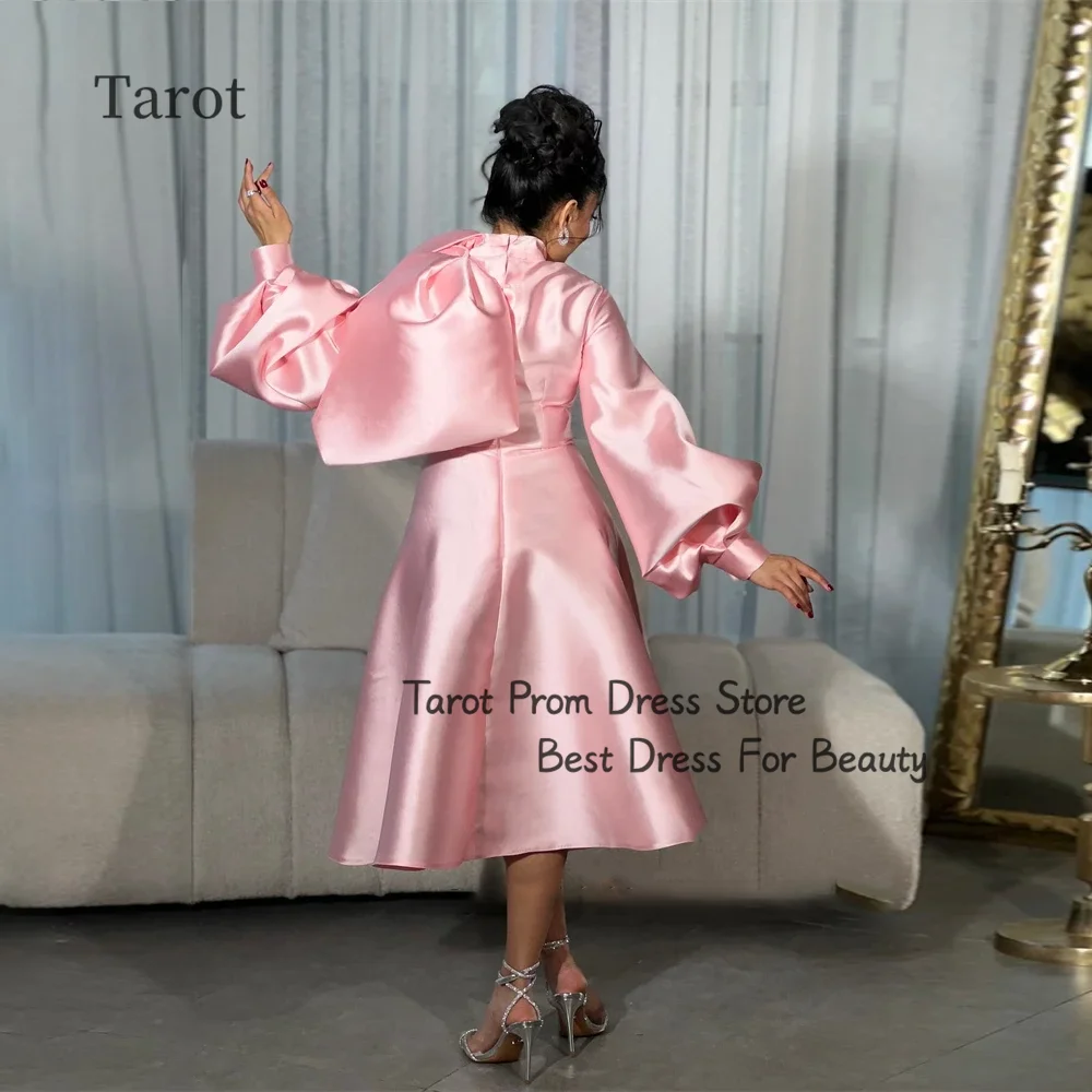 Tarot A Line High Neckline Prom Dresses Simple Satin Lantern Sleeves Elegant Evening Dress Tea Length Bow For Holiday Gonws