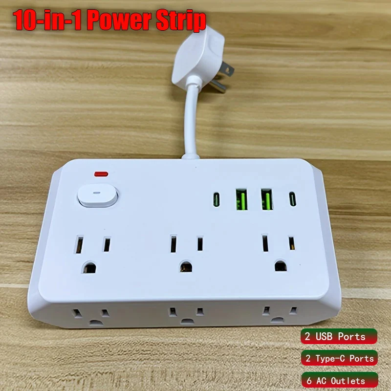 10-in-1 Power Strip US Plug 6AC Outlets Electrical Socket Extension Cord USB Type C Charger Fast Charging Network Filter Adapter