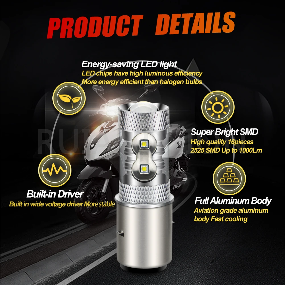 RUIANDISON 2x Super Bright BA20D LED H6 LED Bulb AC12V Headlight 6000K White Hi/Lo Beam with Spotlight Lens for Retro Moto