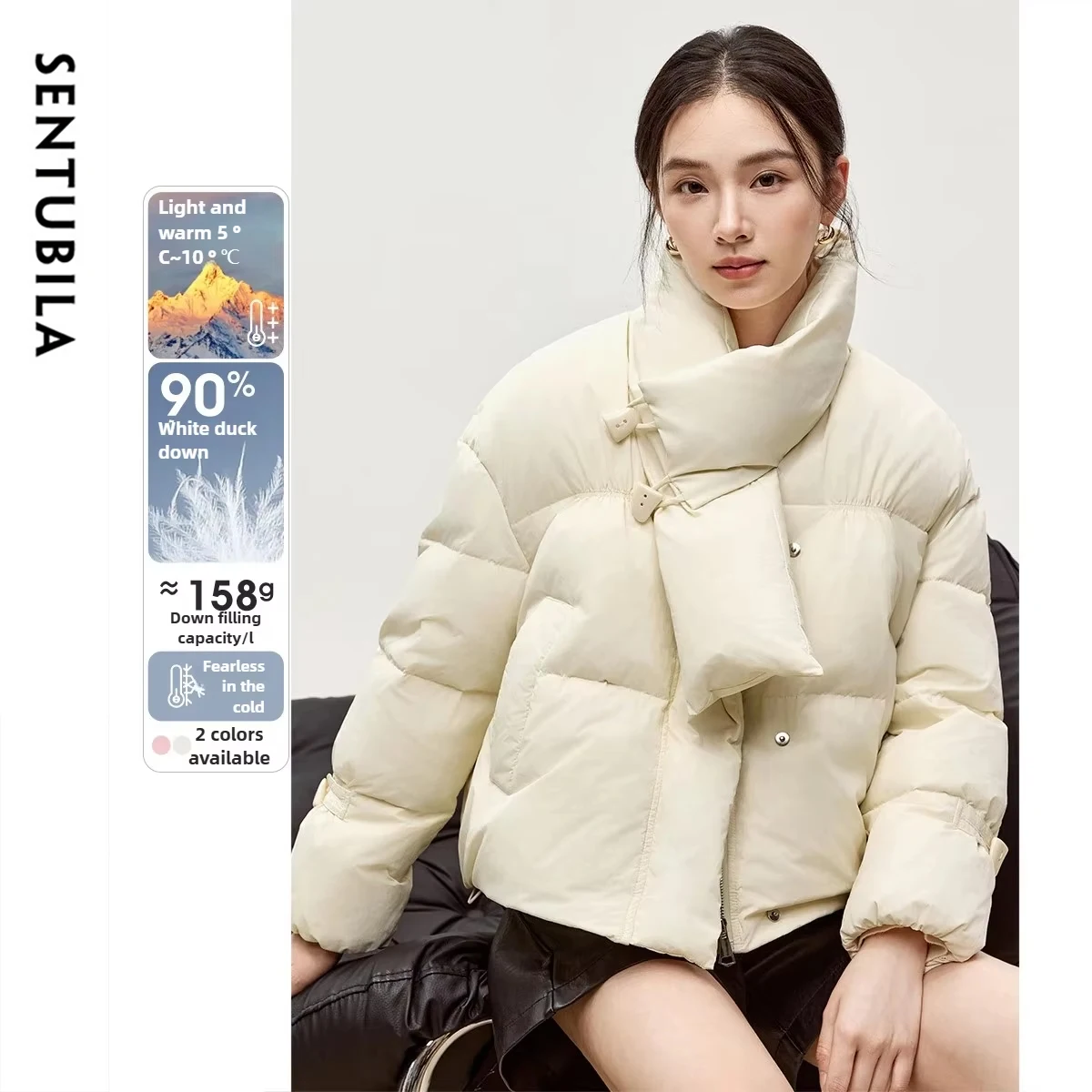 SENTUBILA 겨울용 따뜻한 다운 코트 여성용 2025년 신상 루즈핏 숏 다운 재킷 스누드 칼라 드롭 숄더 의류 W44Y56084