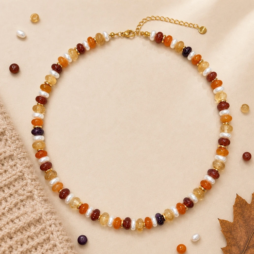 1pc Women's Bohemian Multicolor Semi-Precious Stone and White Pearl Beaded Stainless Steel Necklace 42cm with 5cm Extender