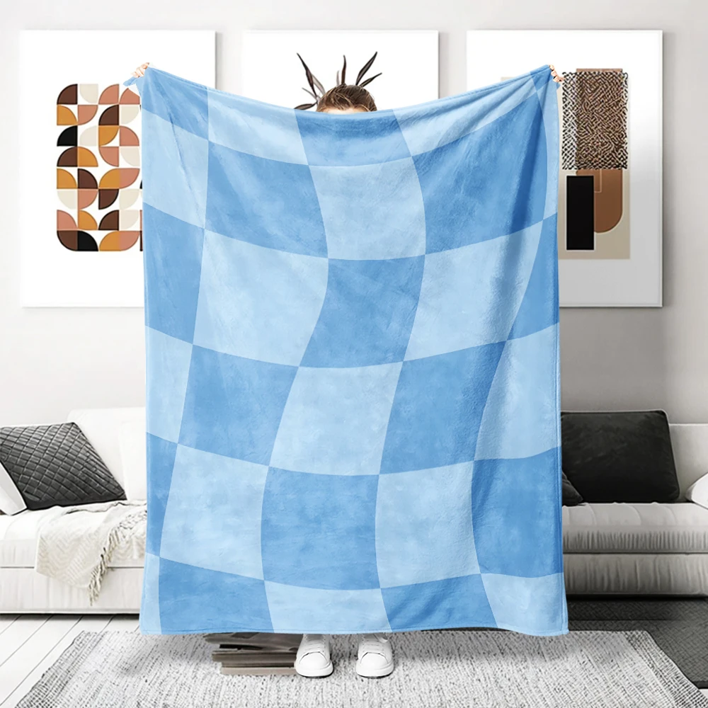 Light Blue Warped Checker Flannel Blanket Perfect For Sofa Office Bed Travel Sleep Read Relax Camping Four Season Use