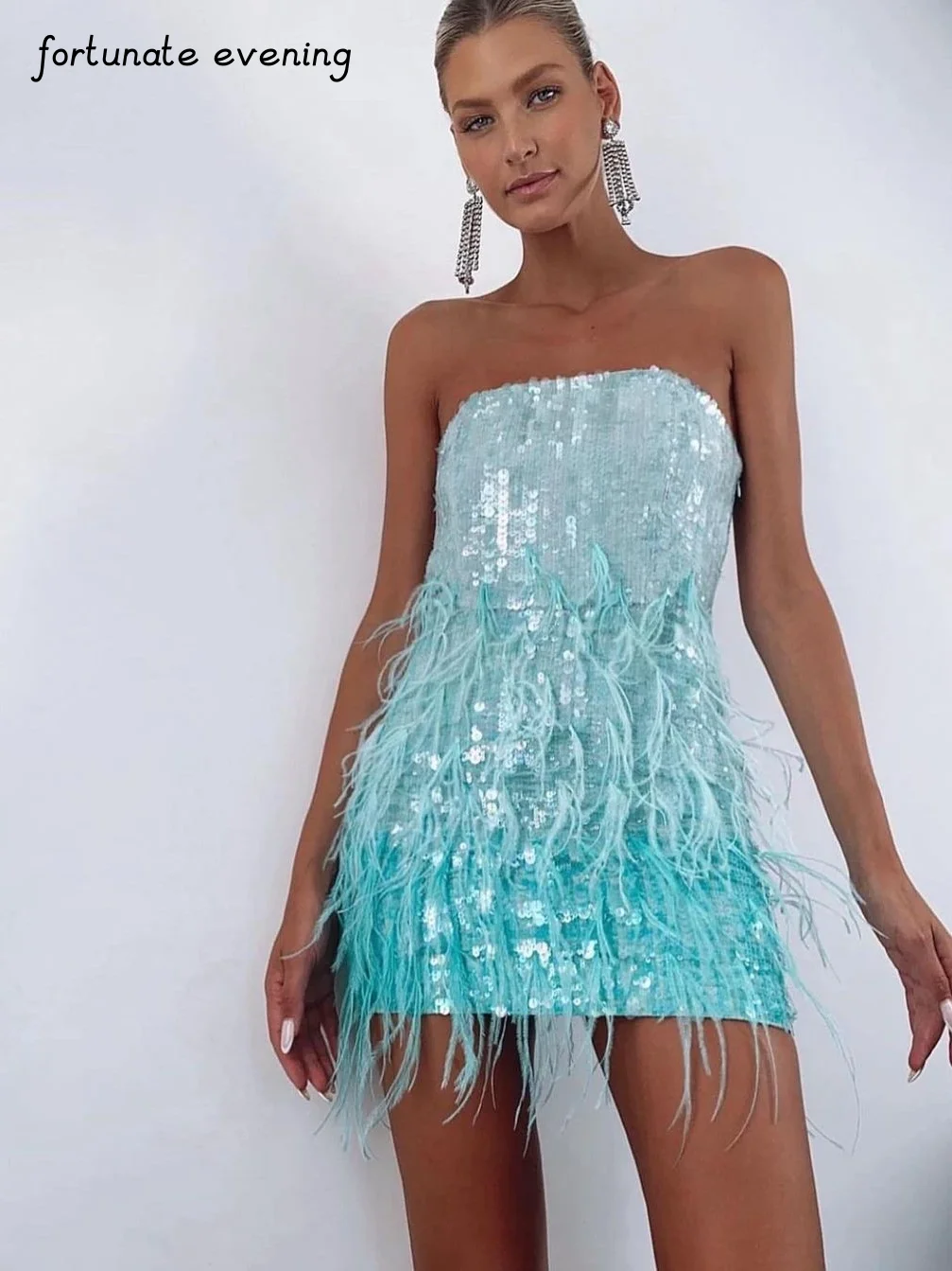 

Fortunate Evening Sexy Sweet Feather Sequins Blue Mermaid Formal Cocktail Occasion Short Prom Dresses Party Evening Gowns