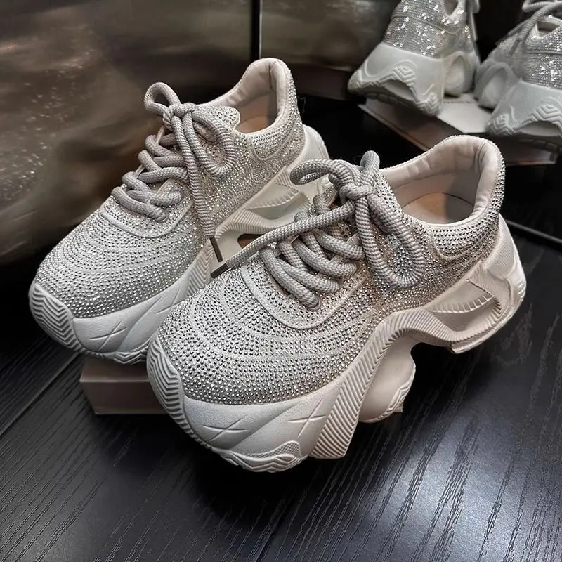 Full Diamond Female 2024 New Rhinestone Fashion Round Toe Platform Thick Bottom Casual Sneaker Dad Shoes Women