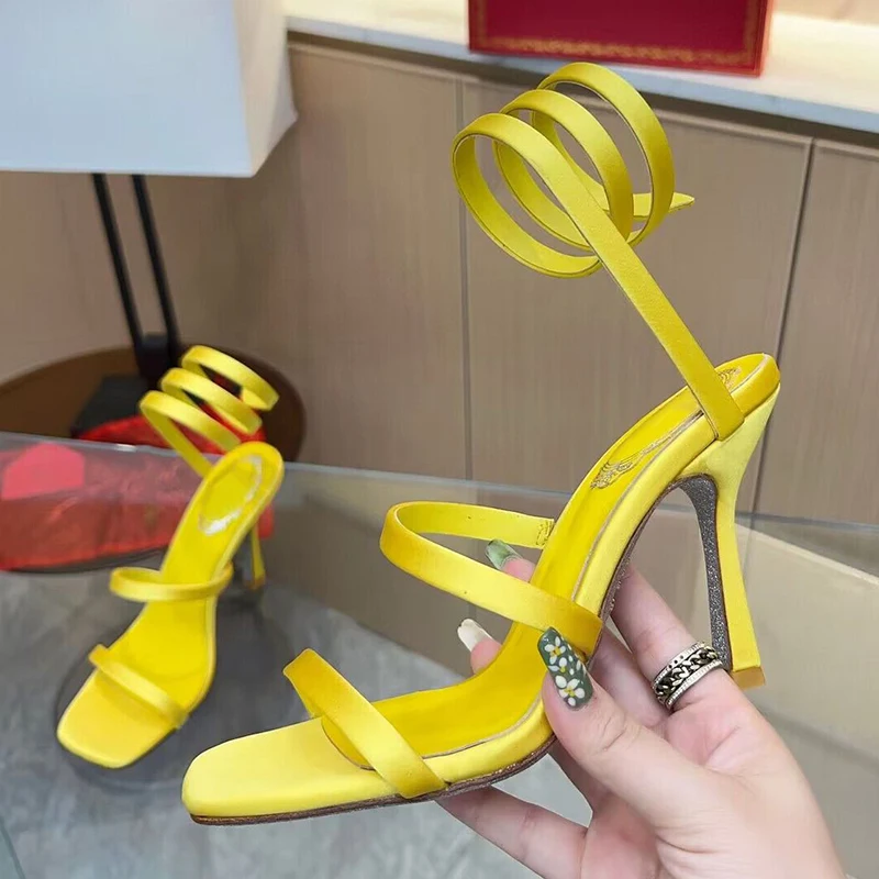 Sandals Summer Square Toe Real Leather Narrow Band Women Snake Shaped Elastic Band Thin High Heel Sandalias Party Dress Shoes