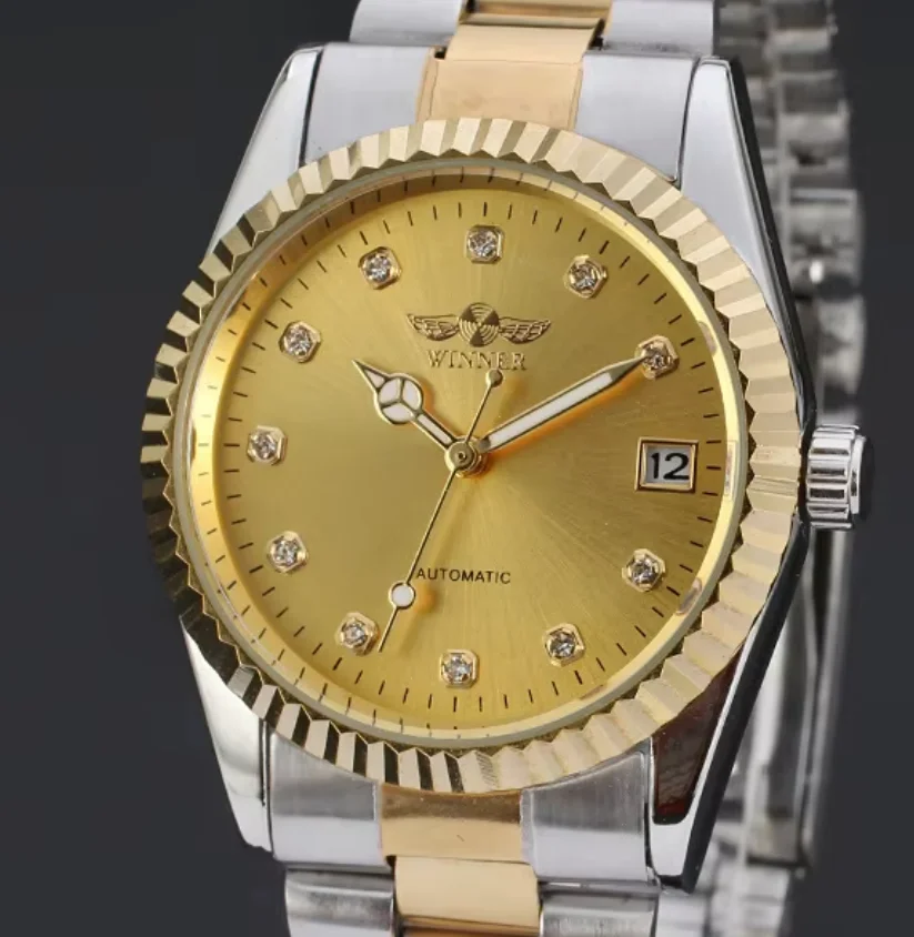 T-WINNER Brand New Watches Men Mental Automatic Mechanical Golden Dial Calendar Watch Military Stainless Steel Band HombreMontre