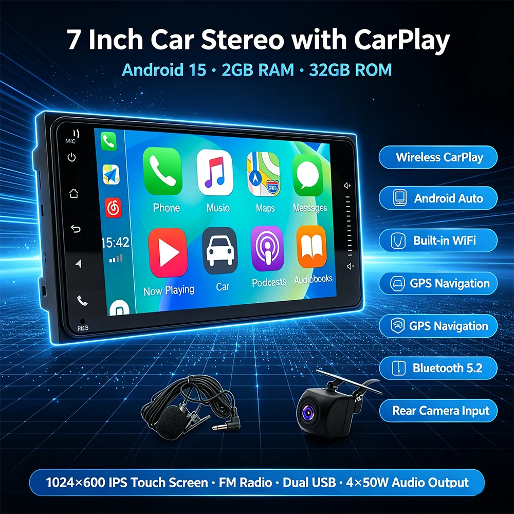 Universal 7In 2DIN Android 15 Car Stereo Radio 2G+32G For Toyota Vehicle Multimedia Player GPS Navigation With Carplay Android Auto Bluetooth AHD Camera