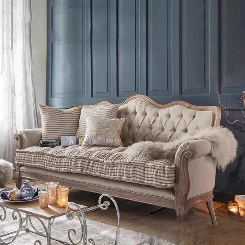 American carved retro simple solid wood sofa, bedroom linen cloth art buckle leisure sofa