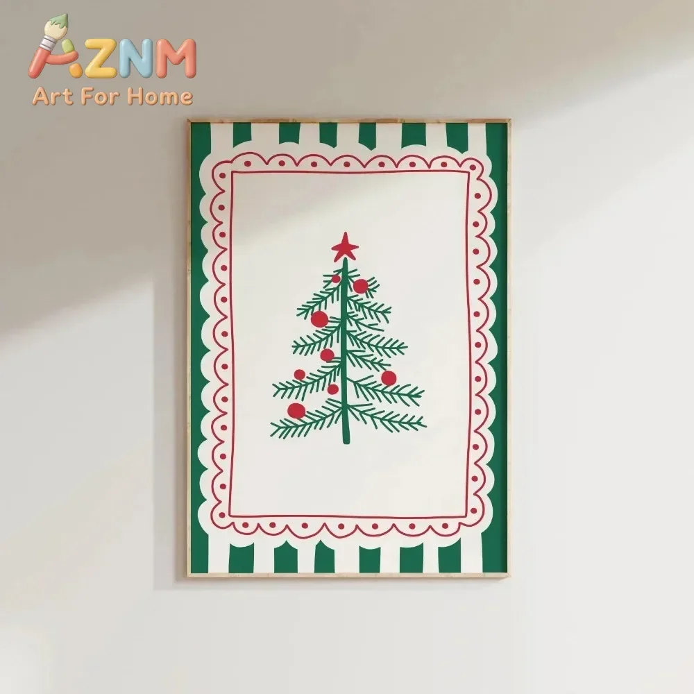 AZNM Christmas Tree Canvas Wall Art Retro Green Striped Scalloped Border Winter Holiday Art Print Unframed Canvas Poster for Hom