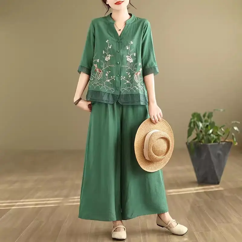 2024 Retro Ramie Standing Neck Embroidered Top + Wide Leg Pants Two Piece Set Simple And Casual Versatile Outfit For Women K164