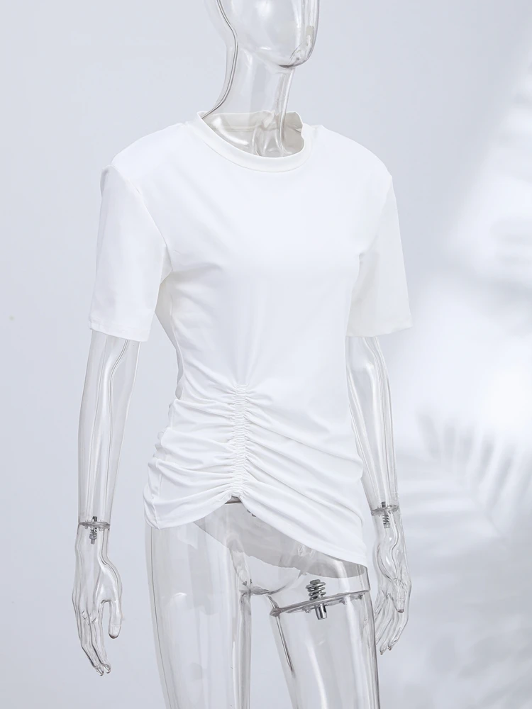 Damen Freizeitkleidung für Pendlerinnen Trendiges Minimalistisches Weißes T-Shirt mit Schulterpolstern Bequemes Oversize-Rundhals-Kurzarm-Oberteil – Detail 1