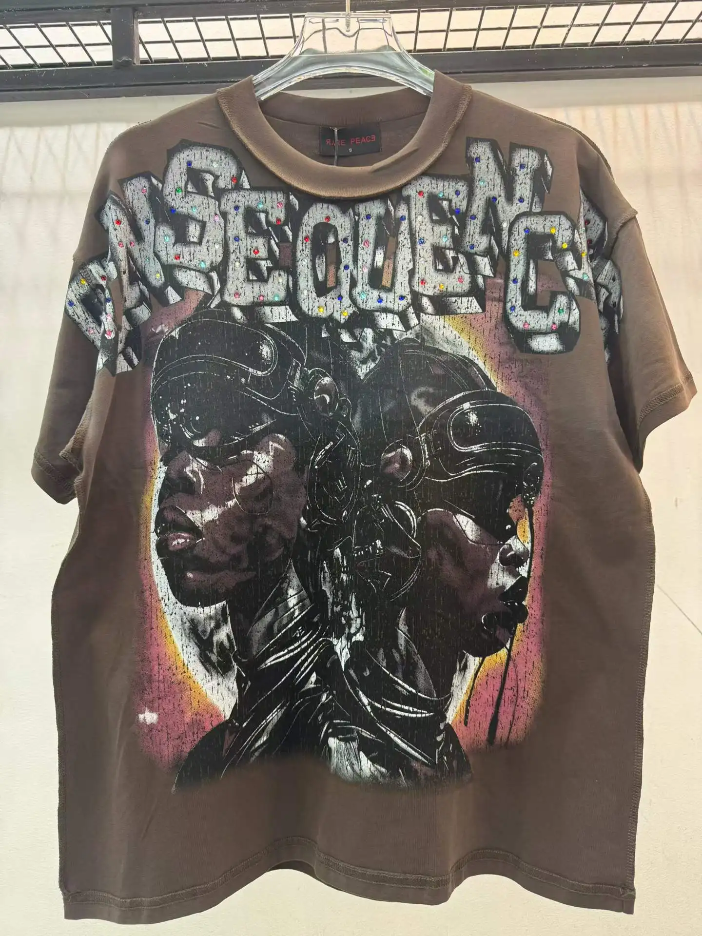 2026ss Rare Peace West Coast Vintage Distressed Rhinestone Slogan Printed Women Men T shirts tees Ovesized Men Cotton T shirt