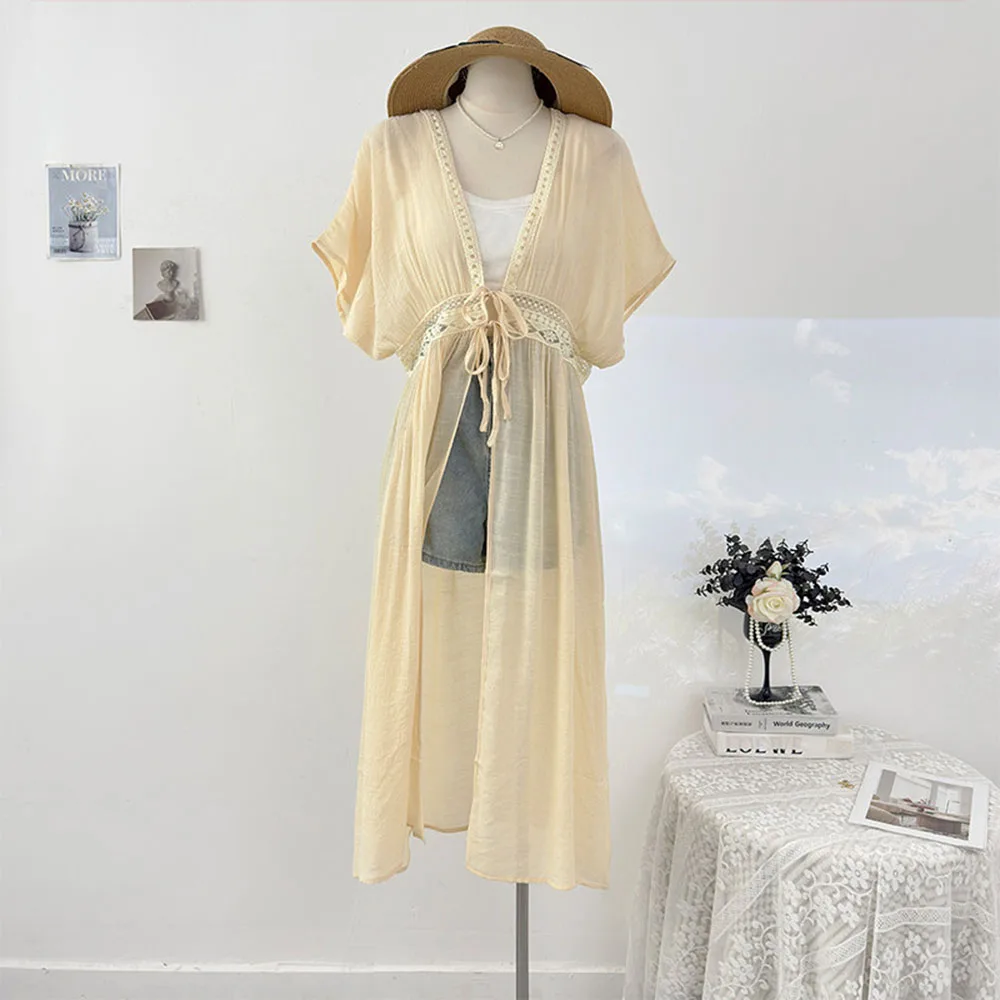 Hollow Long Sunscreen Cardigan V Neck Drawstring Thin Cardigan Summer Vacation Style Thin Coat Hollow Out Sunscreen Outerwear