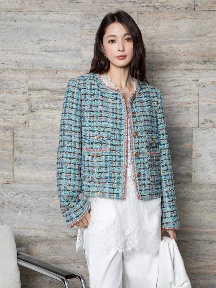 سترة تويد منقوشة فاخرة للنساء، رقبة دائرية عتيقة، جودة عالية، خريف وشتاء، طراز كوري، 2025