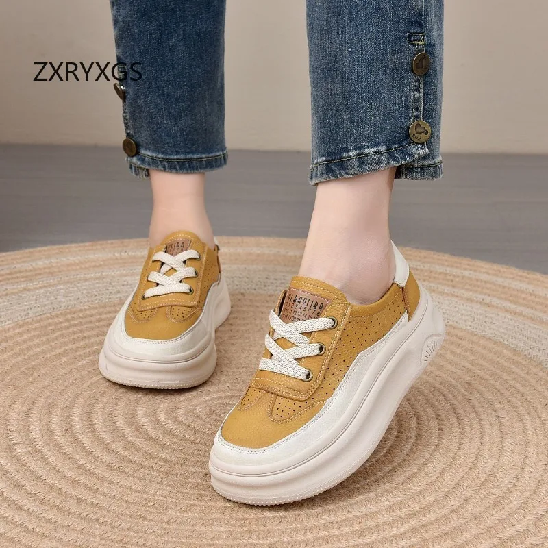ZXRYXGS  2025 Spring Summer New Trendy Genuine Leather Hollow Breathable Sneakers Flat Thick Sole Elevator Sneakers Casual Shoes