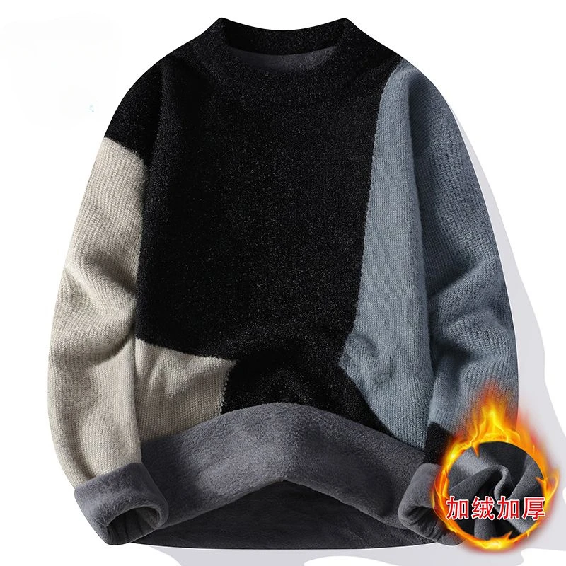 Autumn and Winter Velvet and Thickening Sweater Pullover Color Matching Crew Neck Sweatshirt Keep Warm Comfortable